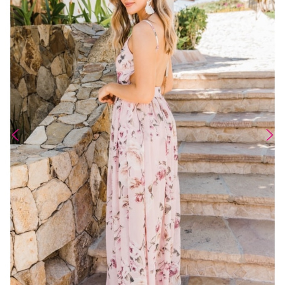 Open back pink floral maxi dress from pink lily size 2. Knee down is sheer.